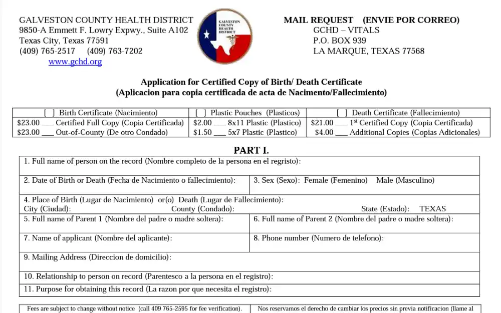 A screenshot of the form used ro obtain birth and death documents in Galveston County.