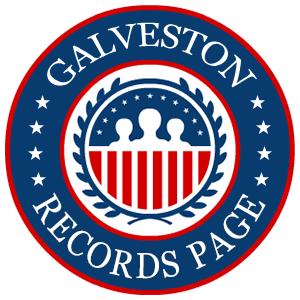 A round red, white, and blue logo with the words 'Galveston Records Page' for the state of Texas.