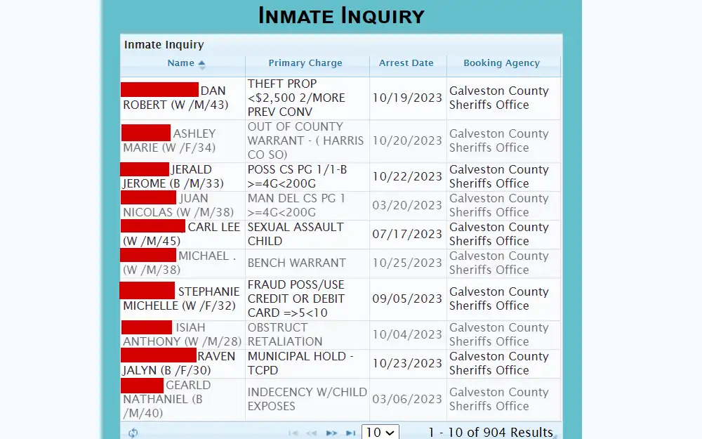 A screenshot of a directory that displays a list, in alphabetical order, of every current inmate in the Galveston County jail that has been added to the database.