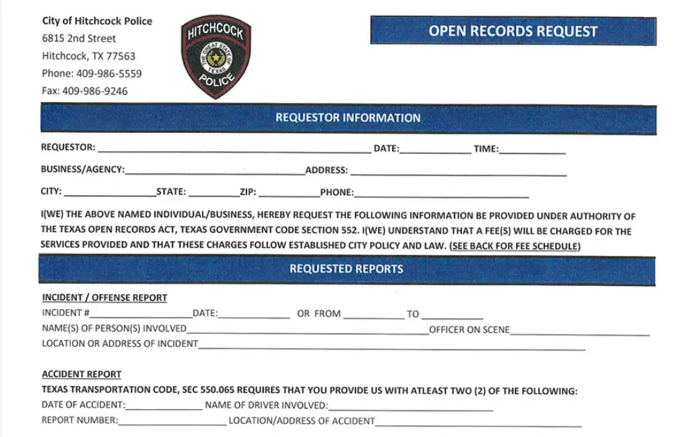 A screenshot of the form that can be used to request for records from the City of Hitchcock Police Department.