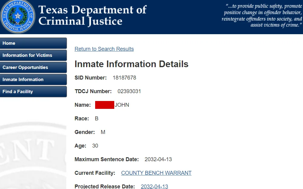 A screenshot of the search tool that allows the public to know if an individual is currently in prison.