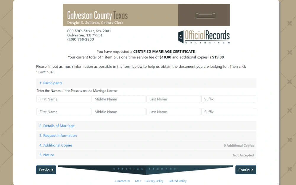 This screenshot shows an application form from the Galveston County Clerk's office for a certified certificate, detailing fields for participant names and other required information, with a total cost breakdown including service fees.