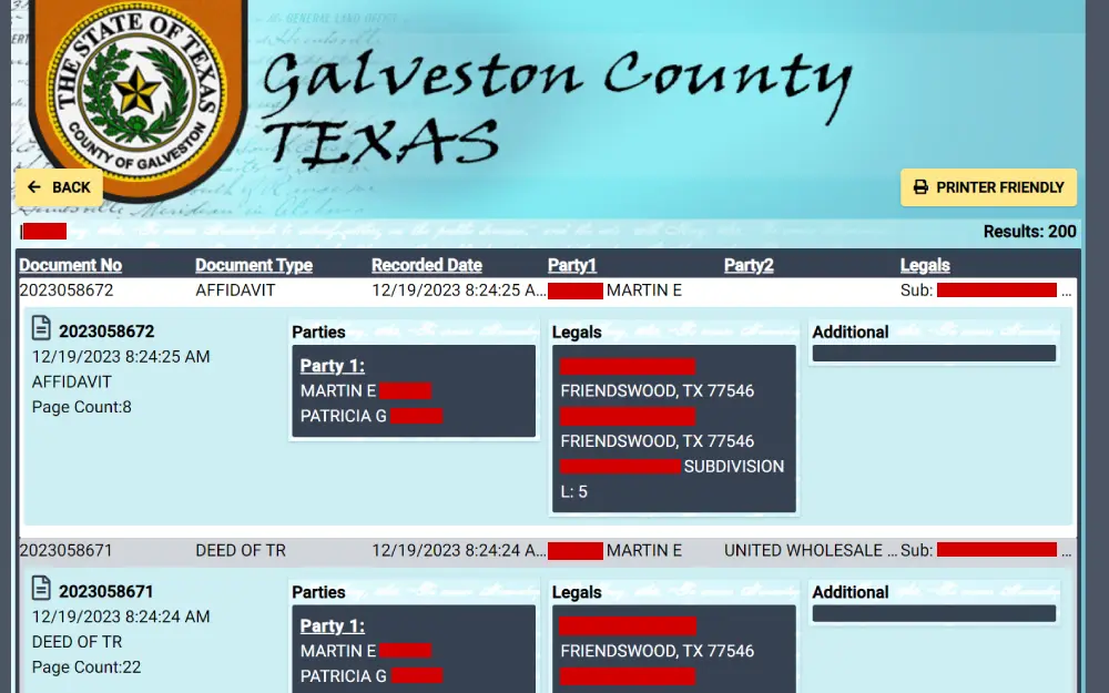 A screen capture from the Galveston County official records website, showing an index of legal documents, including an affidavit and a deed of trust associated with a residential address in Friendswood, TX, with a focus on the details such as document numbers, parties involved, and property legal descriptions.