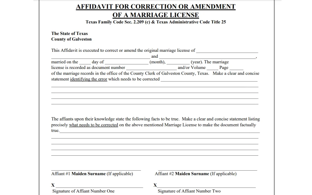 An affidavit form for the amendment or correction of a marriage license, detailing the requirement for a clear and concise statement identifying the error to be corrected on the document, adhering to the relevant Texas Family and Administrative Code sections.