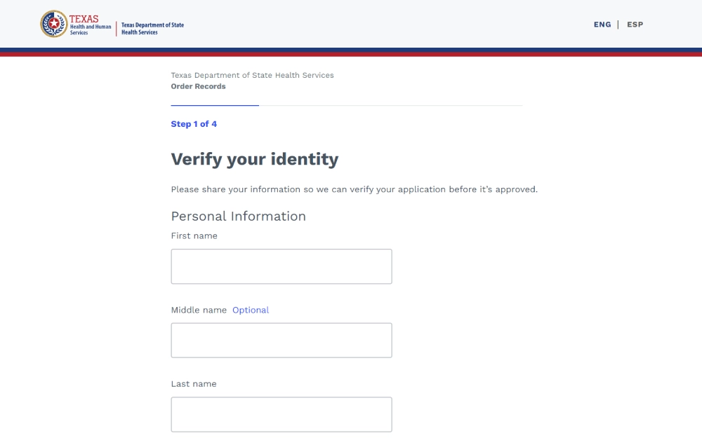 A screenshot of the Texas Department of State Health Services website, displaying the first step in an online process to verify personal identity, with fields for first name, optional middle name, and last name.