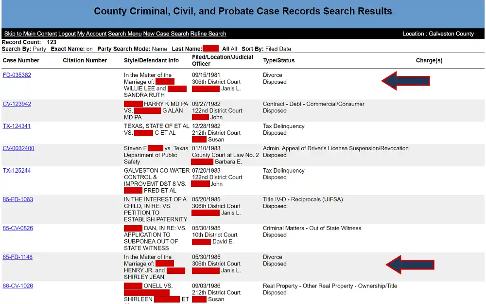 A screenshot showing a Galveston County case records search results displaying information such as case number, citation number, style/defendant details, filed/location/judicial officer, type/status and charges information.