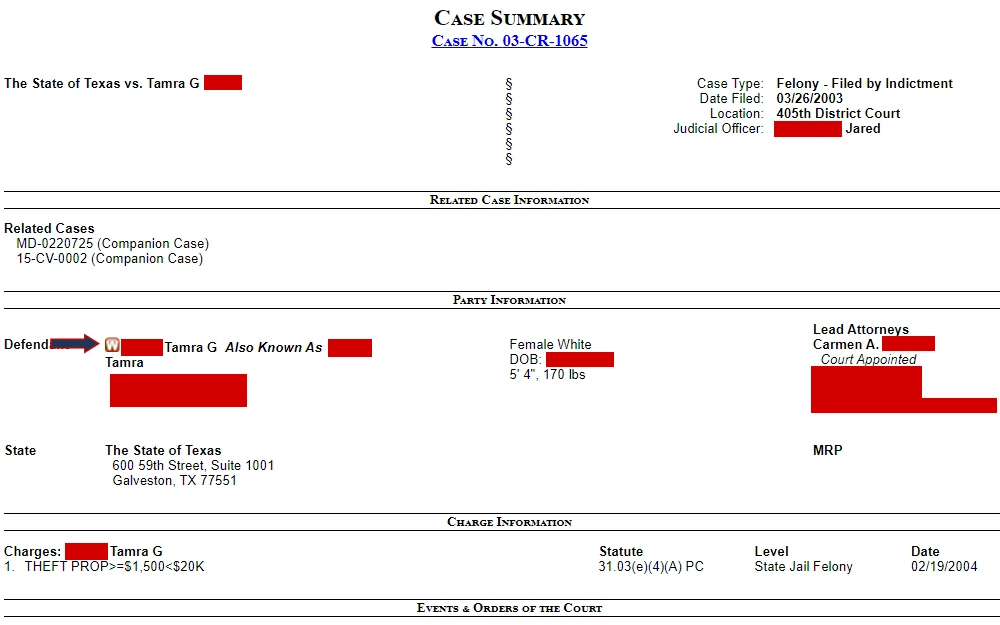 Screenshot of a case summary of an offender with a warrant issued, displaying the sections on case, party, and charge information.