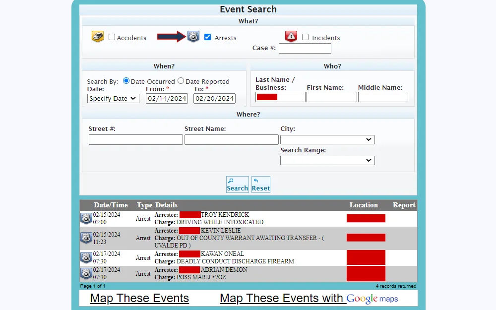 Screenshot of the event search tool showing a search done for arrests and the corresponding returns listing the date and time of event, type, arrestee name, charge, and location.