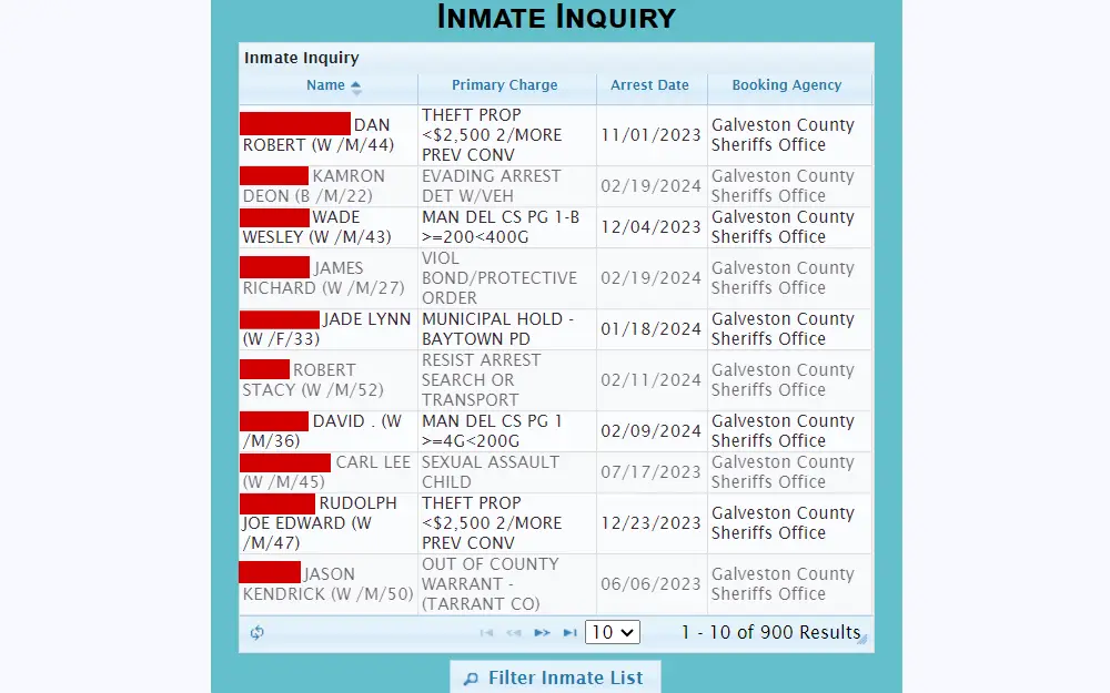 A screenshot of the inmate inquiry tool from Galveston County Sheriff's Office displaying the list of inmates including their full name, charge, arrest date, and booking agency.