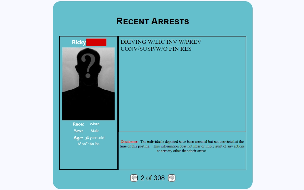 Screenshot of a recent arrest record showing an arrestee's name, race, sex, age, height, weight, and offense.