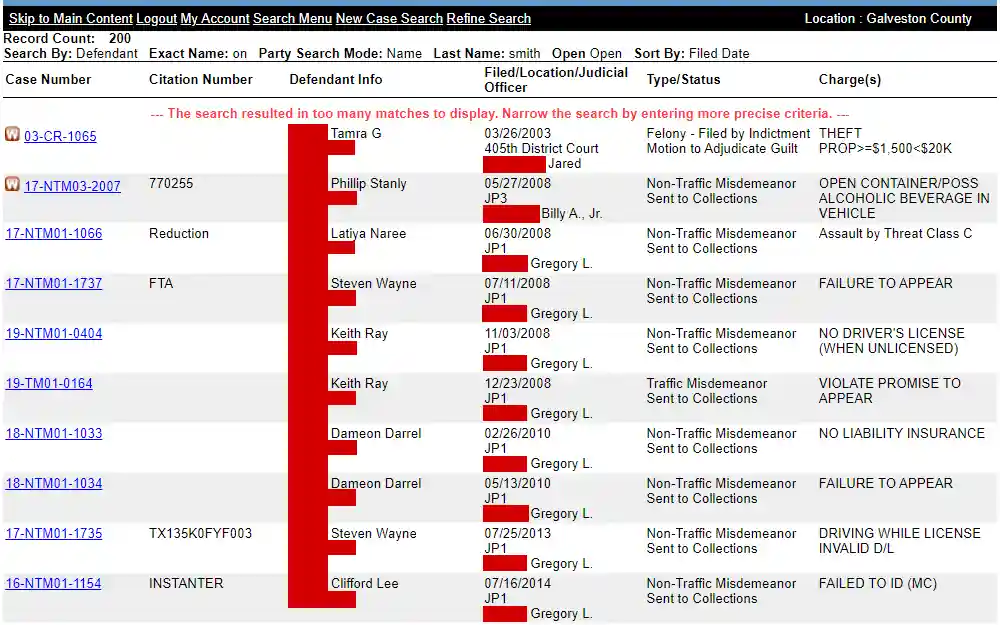 Screenshot of the search results of criminal cases listing the offenders' names, birthdates, case filing dates, locations, judicial officers, charges, and status.