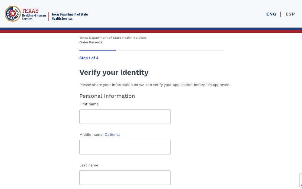 A screenshot displaying an order vital record starting with the identity verification with personal information such as first, middle and last name from the Texas Department of State Health Services website.