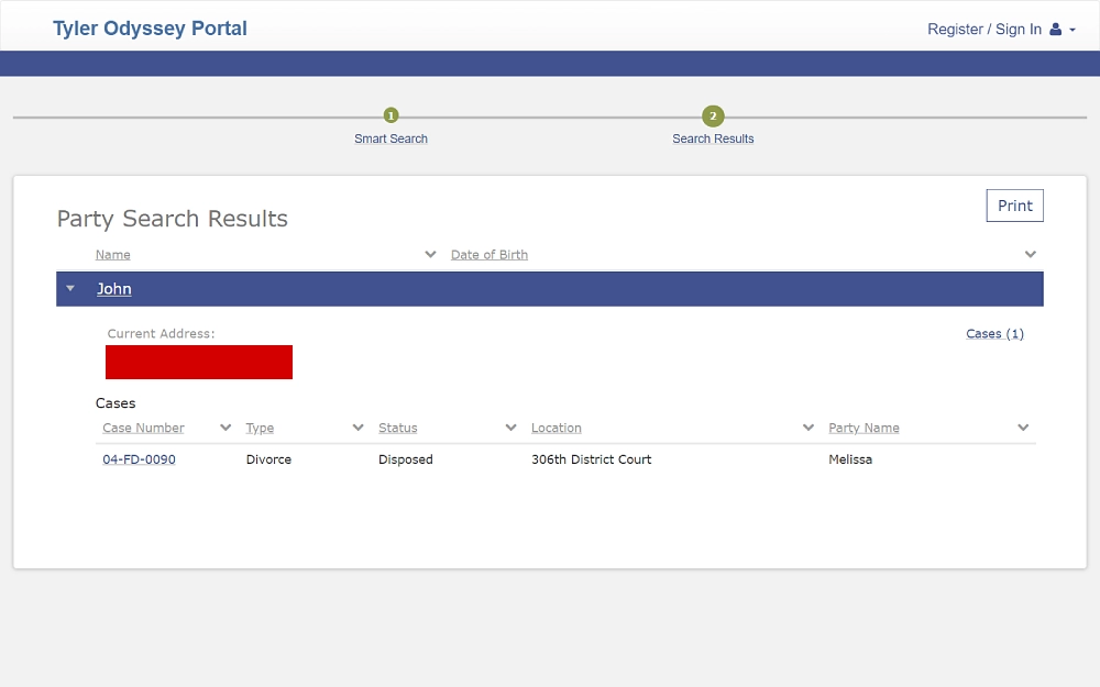 A screenshot displaying a Tyler Odyssey Portal Party search results showing information such as date of birth, name, case number, current address, type, status, location and other party name.