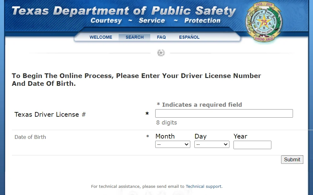 Screenshot of the online search tool for people with warrant with a driver's license, showing the fields for license number and birthdate.