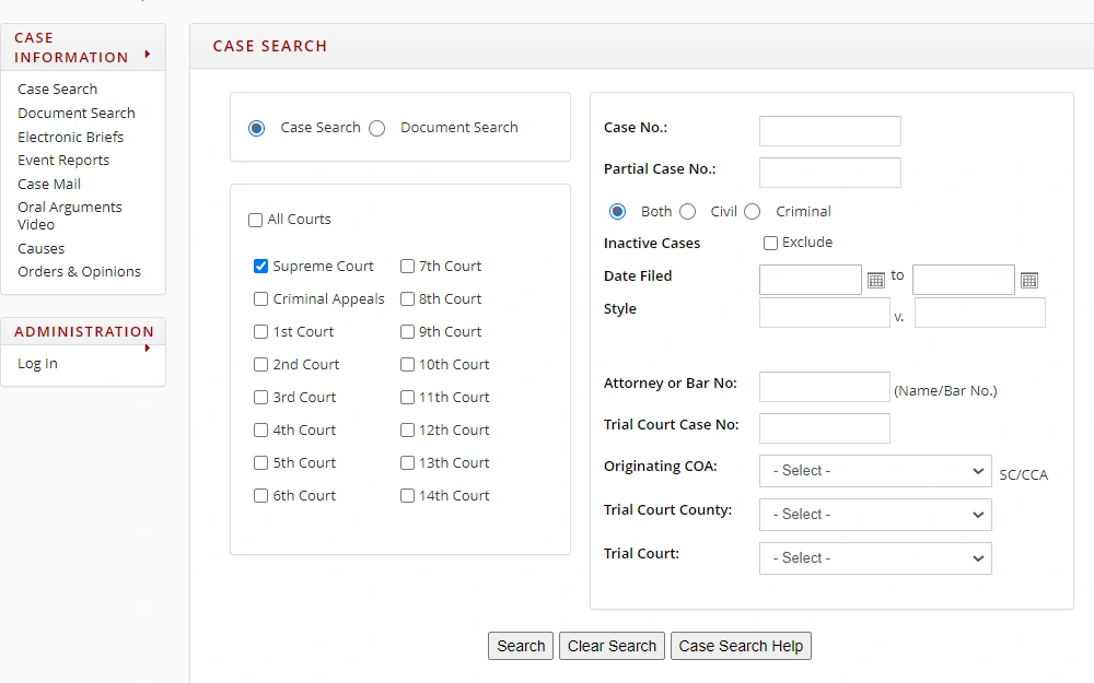 Screenshot of the online search tool for cases showing the fields for case number, date range, attorney or bar number, trial court case number; checkbox options for court location; and drop down menus.