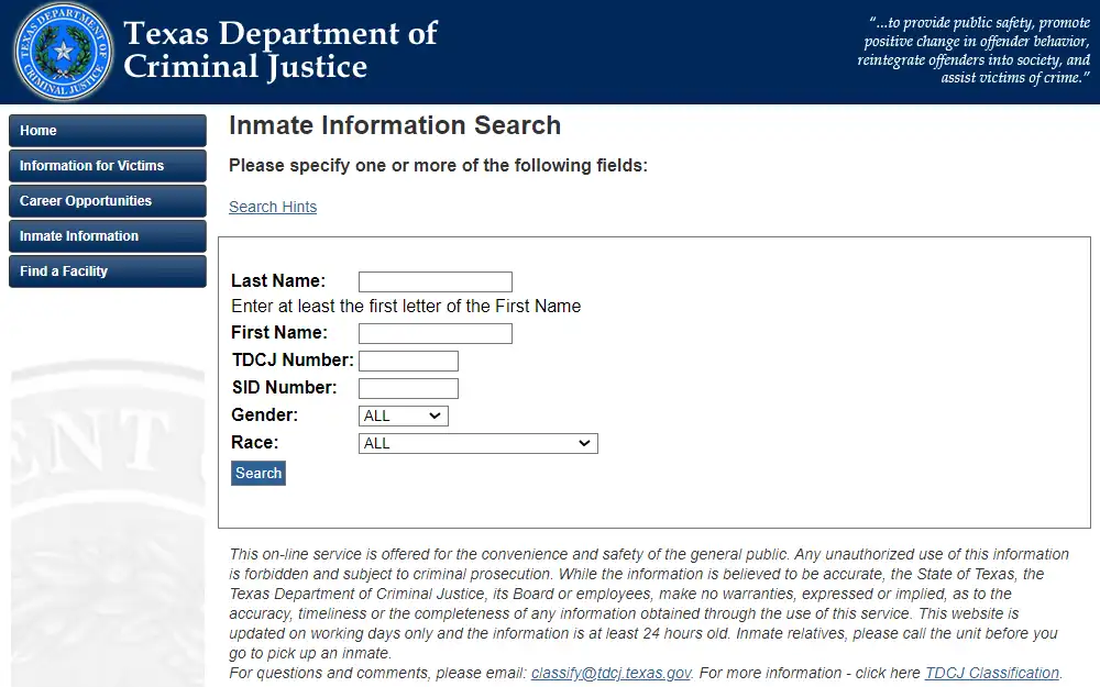 Screenshot of the inmate search tool from the Texas Department of Criminal Justice showing the fields of criteria to help filter results.