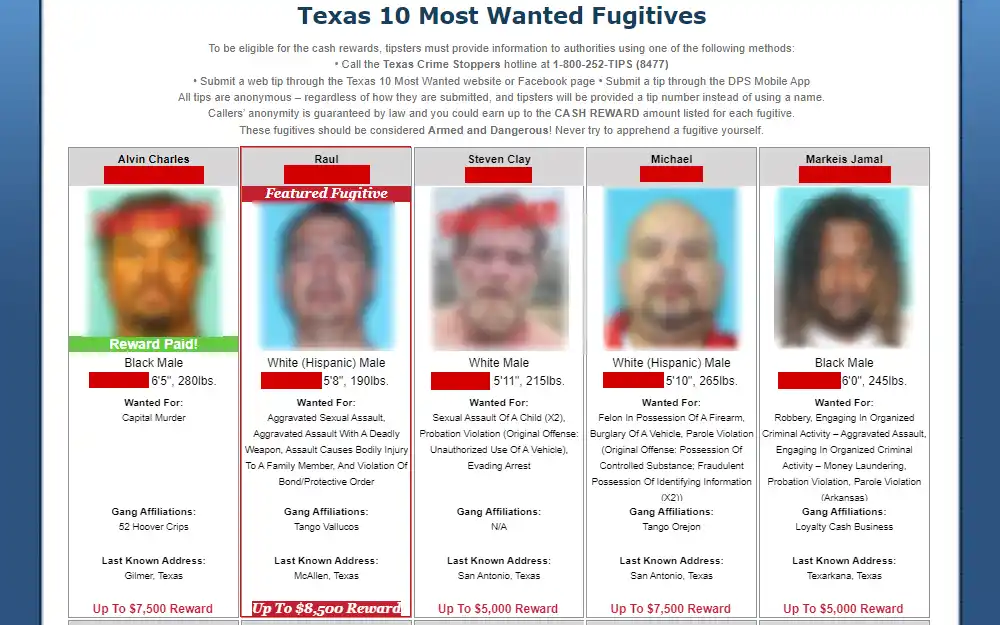 Screenshot of the five wanted persons from the Department of Public Safety's top ten most wanted, displaying their names, mugshots,reward amounts, physical descriptors, birthdates, identifiers, SID, FBI & TDC numbers, gang affiliations, and address.