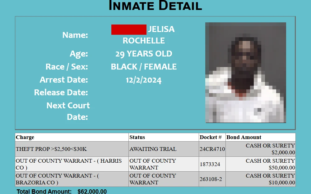 A screenshot from the Galveston County Sheriff's Office Inmate Inquiry page showing an inmate detail, including her mugshot photo and information about her charges, arrest date and bond amounts.